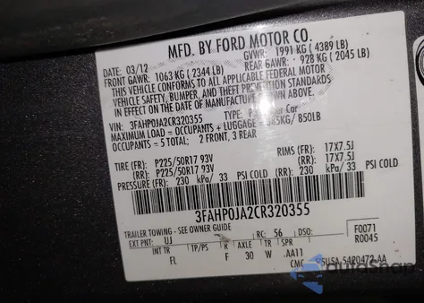 2012 Ford Fusion Sel z USA, uszkodzony, nr VIN 3FAHP0JA2CR320355